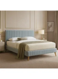 Kavior Velvet Upholstered Bed Sky Blue Vertical Tufted Custom Made Furniture Dubai Abu Dhabi UAE Kustom Deco