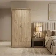 Lunorvex wooden wardrobe for office furniture and home use with two doors, lower drawers, and natural wood finish in a modern UAE interior.