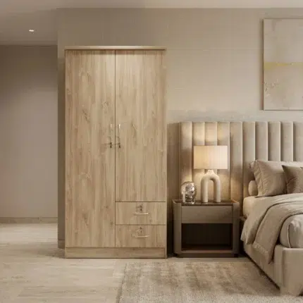 Lunorvex wooden wardrobe for office furniture and home use with two doors, lower drawers, and natural wood finish in a modern UAE interior.