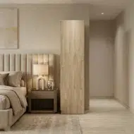 Lunorvex wooden wardrobe for office furniture and home use with two doors, lower drawers, and natural wood finish in a modern UAE interior.