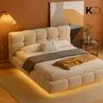 Luxury Upholstered Bed with LED Lighting in beige velvet for modern bedroom furniture Dubai UAE