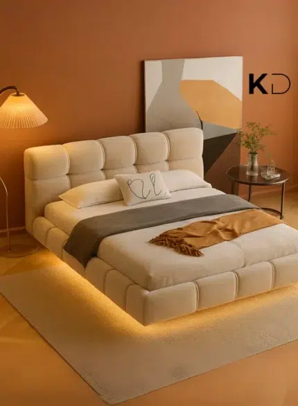 Luxury Upholstered Bed with LED Lighting in beige velvet for modern bedroom furniture Dubai UAE
