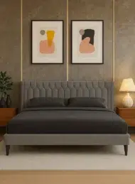 Meadow Modern Upholstered Bed Grey Velvet Geometric Tufted Headboard Custom Made Furniture Dubai Abu Dhabi UAE Kustom Deco
