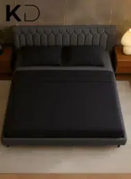 Meadow Modern Upholstered Bed Grey Velvet Geometric Tufted Headboard Custom Made Furniture Dubai Abu Dhabi UAE Kustom Deco
