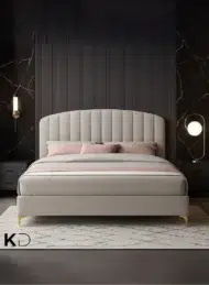 Modern Cavellure Upholstered Bed Grey Fabric Arched Headboard Gold Legs Custom Made Furniture Dubai Abu Dhabi UAE