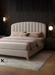 Modern Cavellure Upholstered Bed Grey Fabric Arched Headboard Gold Legs Custom Made Furniture Dubai Abu Dhabi UAE