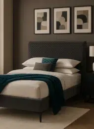 Modern Quilted Upholstered Bed Charcoal Grey Diagonal Stitching Custom Made Furniture Dubai Abu Dhabi UAE Kustom Deco