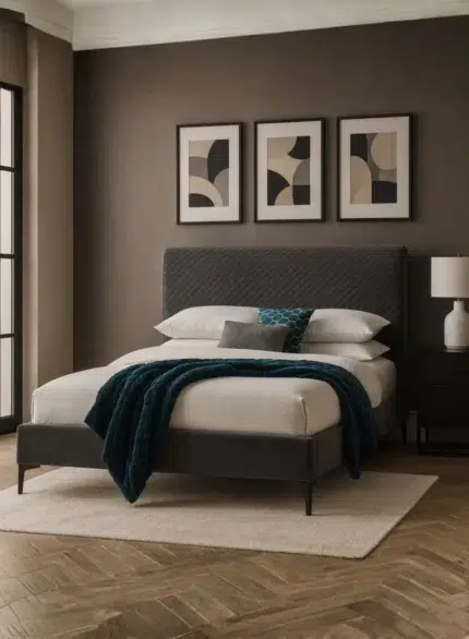 Modern Quilted Upholstered Bed Charcoal Grey Diagonal Stitching Custom Made Furniture Dubai Abu Dhabi UAE Kustom Deco