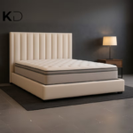 Monaco Modern Velvet Upholstered Bed Beige Vertical Channel Tufting Custom Made Furniture Dubai Abu Dhabi Sharjah UAE Kustom Deco