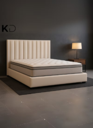 Monaco Modern Velvet Upholstered Bed Beige Vertical Channel Tufting Custom Made Furniture Dubai Abu Dhabi Sharjah UAE Kustom Deco