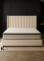 Monaco Modern Velvet Upholstered Bed Beige Vertical Channel Tufting Custom Made Furniture Dubai Abu Dhabi Sharjah UAE Kustom Deco