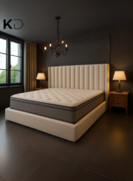 Monaco Modern Velvet Upholstered Bed Beige Vertical Channel Tufting Custom Made Furniture Dubai Abu Dhabi Sharjah UAE Kustom Deco