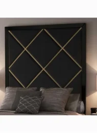 Mondera Platform Upholstered Headboard Bed with black fabric and gold geometric design for luxury bedroom furniture Dubai UAE