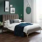 Noa Velvet Upholstered Bed Grey Fabric Vertical Channel Tufted Gold Legs Custom Made Furniture Dubai Abu Dhabi UAE Kustom Deco