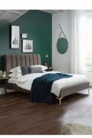 Noa Velvet Upholstered Bed Grey Fabric Vertical Channel Tufted Gold Legs Custom Made Furniture Dubai Abu Dhabi UAE Kustom Deco