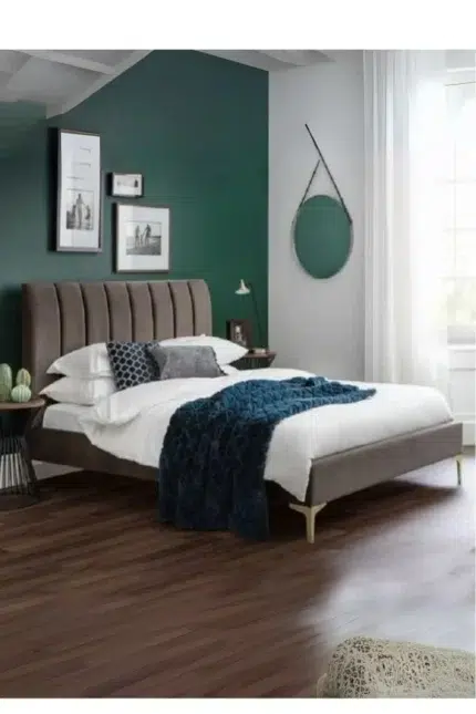 Noa Velvet Upholstered Bed Grey Fabric Vertical Channel Tufted Gold Legs Custom Made Furniture Dubai Abu Dhabi UAE Kustom Deco