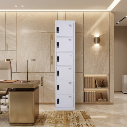 Ombravik metal office cabinet for office furniture with tall vertical locker design, multiple lockable compartments, and light grey finish in a modern UAE office.