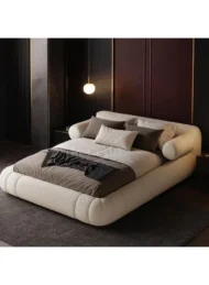 buy curved upholstered bed Dubai UAE cream modern bed for bedroom furniture UAE best bed for small rooms and luxury interiors.