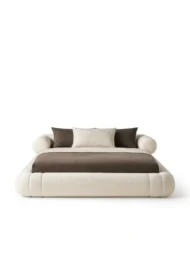 buy curved upholstered bed Dubai UAE cream modern bed for bedroom furniture UAE best bed for small rooms and luxury interiors.