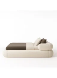 buy curved upholstered bed Dubai UAE cream modern bed for bedroom furniture UAE best bed for small rooms and luxury interiors.