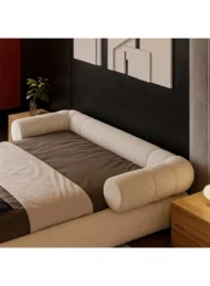 buy curved upholstered bed Dubai UAE cream modern bed for bedroom furniture UAE best bed for small rooms and luxury interiors.