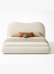 Quorvessa Wavy Upholstered Bed White Fabric Curved Headboard Custom Made Luxury Furniture Dubai UAE Modern Minimalist Bedroom Design