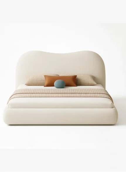 Quorvessa Wavy Upholstered Bed White Fabric Curved Headboard Custom Made Luxury Furniture Dubai UAE Modern Minimalist Bedroom Design