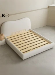 Quorvessa Wavy Upholstered Bed White Fabric Curved Headboard Custom Made Luxury Furniture Dubai UAE Modern Minimalist Bedroom Design