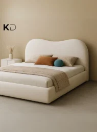 Quorvessa Wavy Upholstered Bed White Fabric Curved Headboard Custom Made Luxury Furniture Dubai UAE Modern Minimalist Bedroom Design