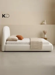 Quorvessa Wavy Upholstered Bed White Fabric Curved Headboard Custom Made Luxury Furniture Dubai UAE Modern Minimalist Bedroom Design