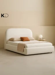 Quorvessa Wavy Upholstered Bed White Fabric Curved Headboard Custom Made Luxury Furniture Dubai UAE Modern Minimalist Bedroom Design