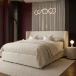 buy boucle upholstered bed Dubai UAE luxury beige bed modern bedroom furniture UAE best bed for small rooms and premium interiors.