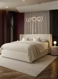 buy boucle upholstered bed Dubai UAE luxury beige bed modern bedroom furniture UAE best bed for small rooms and premium interiors.