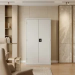 Seltravax metal filing cabinet for office furniture and home use with two-door vertical storage, lockable design, and light grey finish in a modern UAE interior.