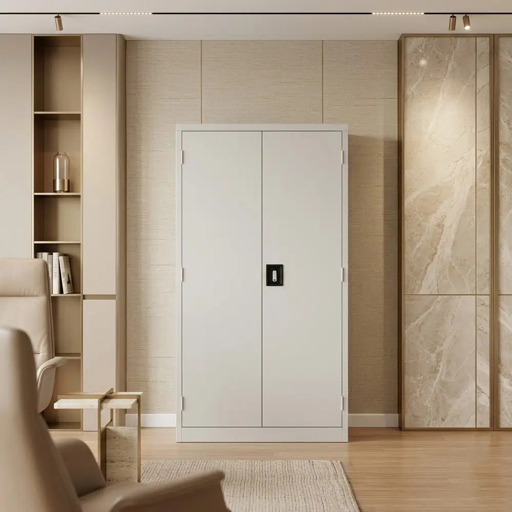 Seltravax Metal Filing Cabinet Seltravax metal filing cabinet for office furniture and home use with two-door vertical storage, lockable design, and light grey finish in a modern UAE interior.