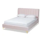 Serene Glam Velvet Upholstered Bed Pink Wingback Vertical Tufted Gold Legs Custom Made Furniture Dubai Abu Dhabi UAE Kustom Deco