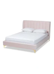 Serene Glam Velvet Upholstered Bed Pink Wingback Vertical Tufted Gold Legs Custom Made Furniture Dubai Abu Dhabi UAE Kustom Deco