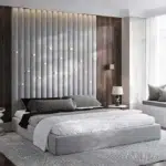 Serenovaire Modern Upholstered Bed Grey Fabric With Gold Details Custom Furniture Dubai UAE Bedroom Design