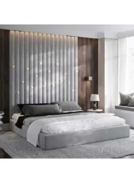 Serenovaire Modern Upholstered Bed Grey Fabric With Gold Details Custom Furniture Dubai UAE Bedroom Design