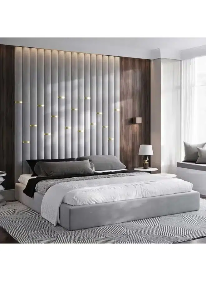 Serenovaire Modern Upholstered Bed Serenovaire Modern Upholstered Bed Grey Fabric With Gold Details Custom Furniture Dubai UAE Bedroom Design