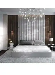 Serenovaire Modern Upholstered Bed Grey Fabric With Gold Details Custom Furniture Dubai UAE Bedroom Design