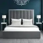 Snooze Serenade Grey Velvet Bed Vertical Channel Tufted Chrome Frame Custom Made Furniture Dubai Abu Dhabi UAE Kustom Deco