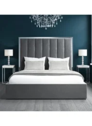 Snooze Serenade Grey Velvet Bed Vertical Channel Tufted Chrome Frame Custom Made Furniture Dubai Abu Dhabi UAE Kustom Deco