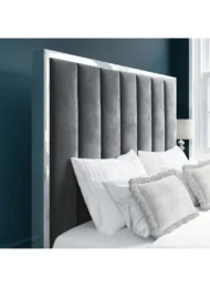 Snooze Serenade Grey Velvet Bed Vertical Channel Tufted Chrome Frame Custom Made Furniture Dubai Abu Dhabi UAE Kustom Deco