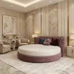 buy round upholstered bed Dubai UAE luxury velvet round bed purple modern bedroom furniture UAE premium bed for stylish homes.