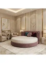 buy round upholstered bed Dubai UAE luxury velvet round bed purple modern bedroom furniture UAE premium bed for stylish homes.