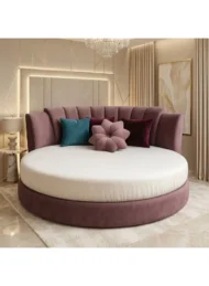 buy round upholstered bed Dubai UAE luxury velvet round bed purple modern bedroom furniture UAE premium bed for stylish homes.