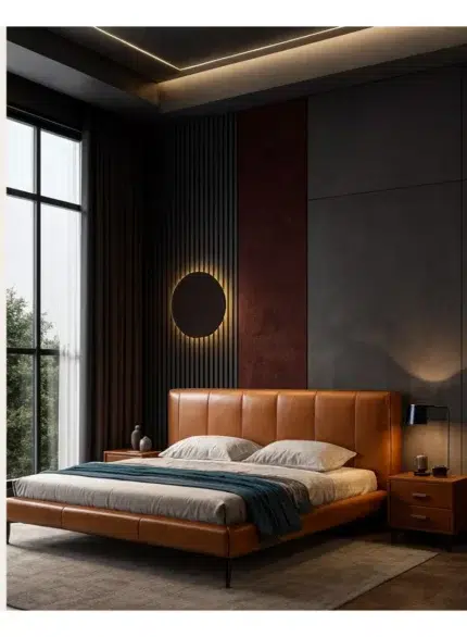 Tanvexia custom bed tan brown king size bed modern bedroom furniture Dubai UAE upholstered style bed.