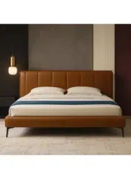 Tanvexia custom bed tan brown king size bed modern bedroom furniture Dubai UAE upholstered style bed.