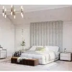 Tranquil Haven Panel Headboard Bed with tall grey vertical upholstered panels for luxury bedroom furniture Dubai UAE